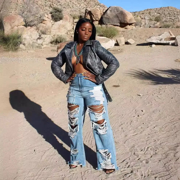 Trendy Rigged Hollow Out High Waist Denim Jeans