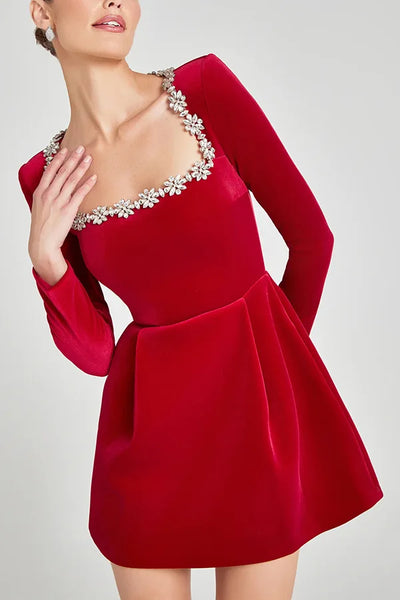 Trendy Velvet Square Beaded Collar Dress