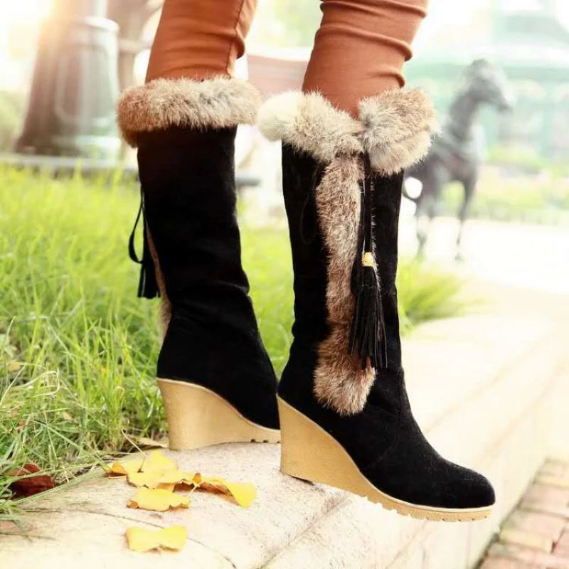 Trendy Wedge Platform Plush Thigh High Heel Boots