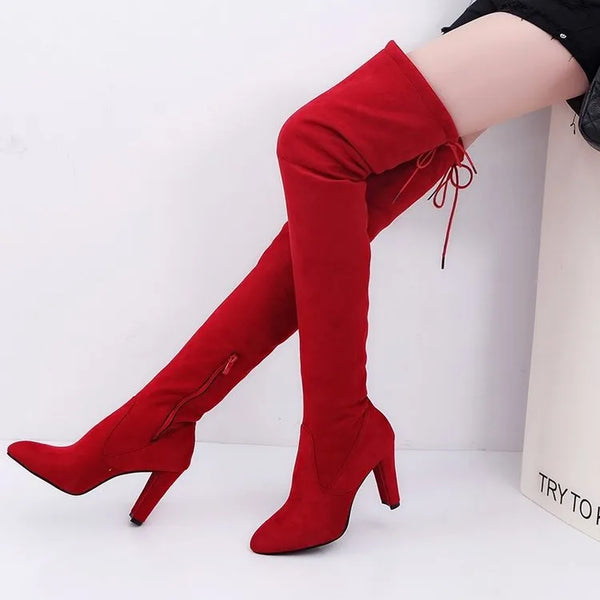 Trendy Over The Knee Stretch Fabric High Heel  Boots