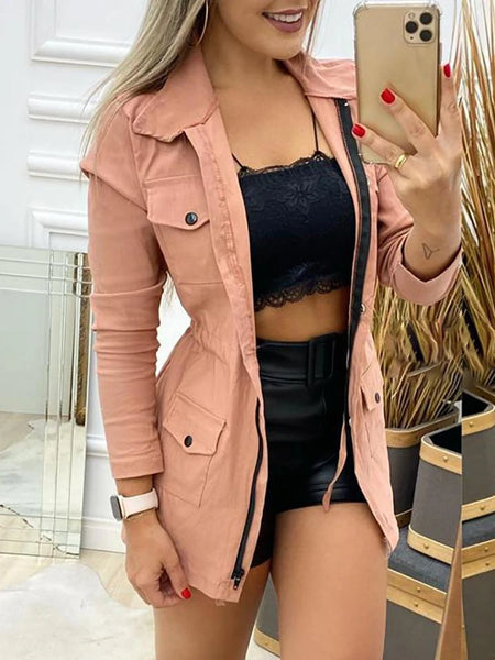 Trendy Casual Drawstring Jacket With Zipper