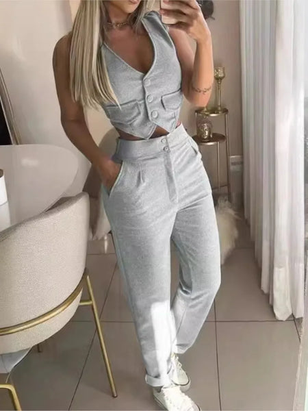 Trendy Casual Single Breasted White Vest And Pants Set