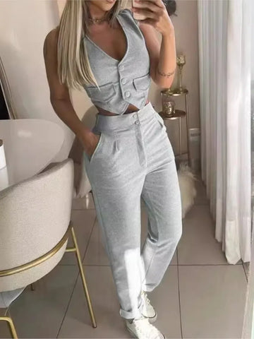 Trendy Casual Single Breasted White Vest And Pants Set