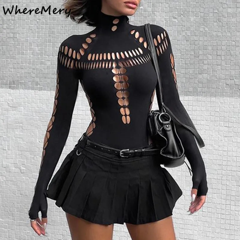 Trendy Solid Black Punk Hollow Out Bodysuits
