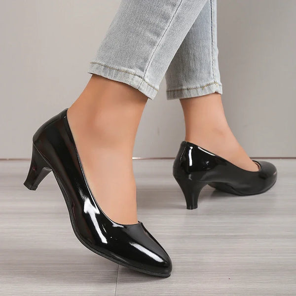 Trendy Round Toe Low Liquid Faux Leather Heels