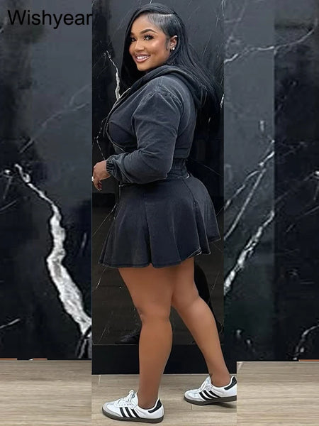 Trendy Denim Stoned Washed Crop Jacket And Pleated Skirt