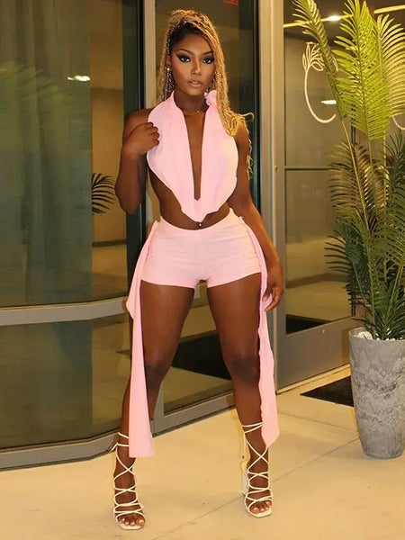 Trendy Backless Hollow Out Halter Two Piece Top And Bottom Set