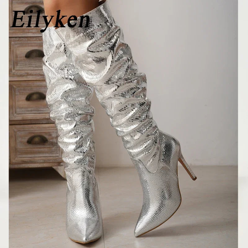Trendy Silver Pointed High Knee Scrounged Boots