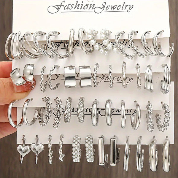 48Pcs/Set Of Fashion Earrings With Various Elements Such As Butterfly, Heart-Shaped, Faux Pearl, Rhinestone, Geometric Design