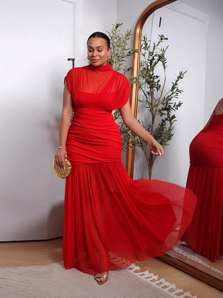 Trendy Red Mid Turtle Neck Mesh Maxi Dress