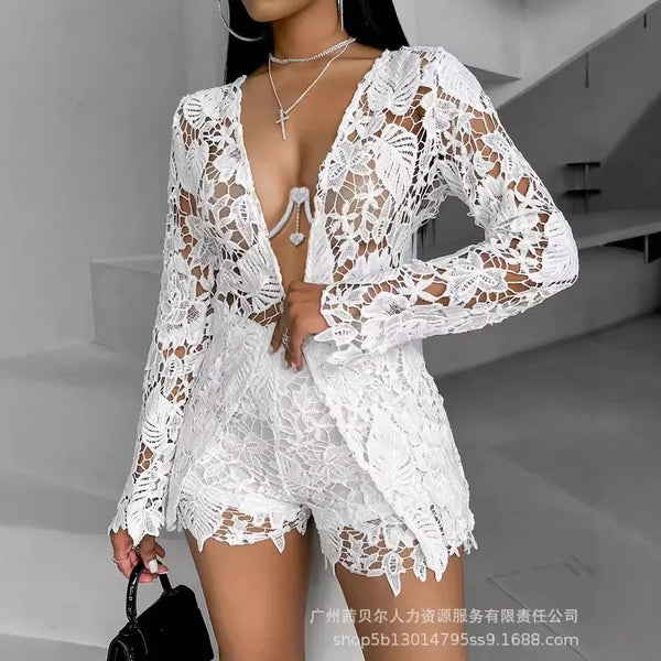 Trendy Hollow Out White Lace Cardigan Top And Bottom Set