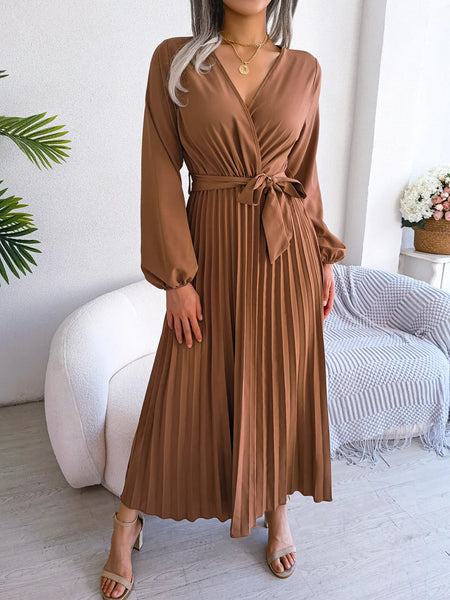 Trendy Pleated Maxi Long Sleeve Dress