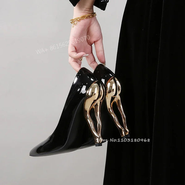 Trendy Gold Hip Pointed Toe High Black Genuine Leather Heels