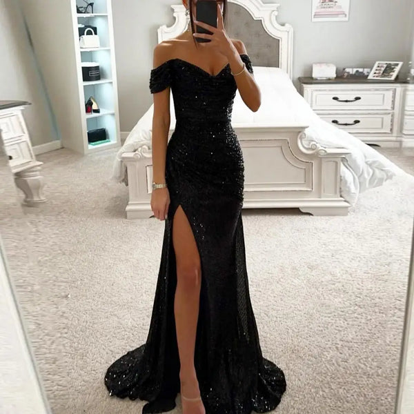 Trendy Formal Elegant V Neck Shoulder Sequin Dress
