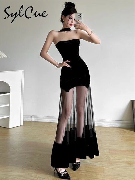 Trendy Mesh Black Halter Formal Dress