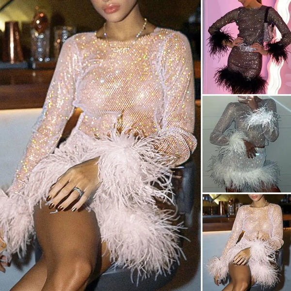 Trendy 2 Pcs/ Mini Sequin Fluffy Feathers Party Dress