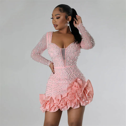 Trendy Rhinestone Mesh Ruffle Party Dress