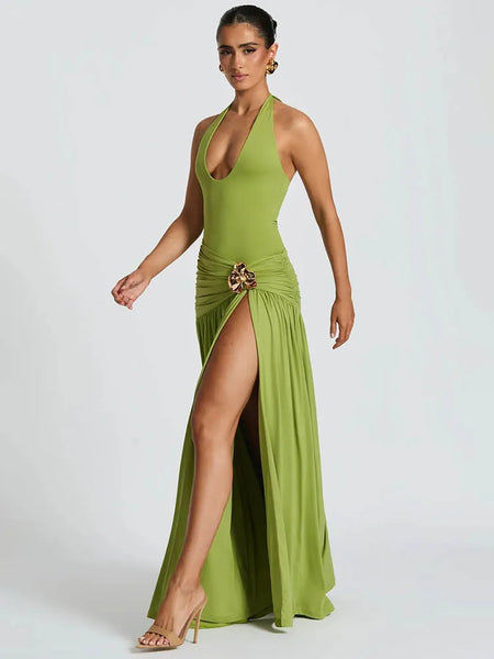 Trendy Backless Halter Bodysuit Draped Maxi Dress