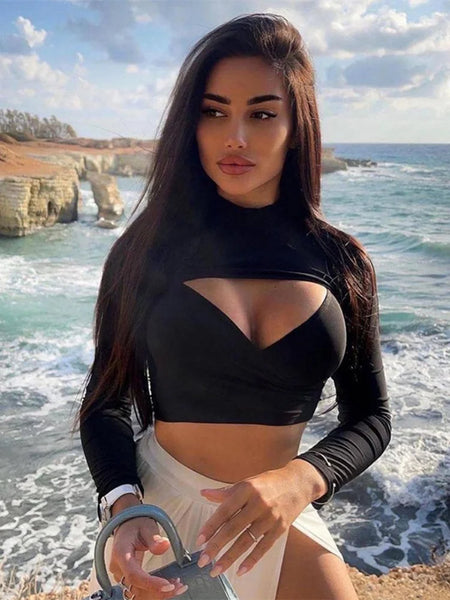 Trendy Hollow Out Crop Long Sleeve Blouse