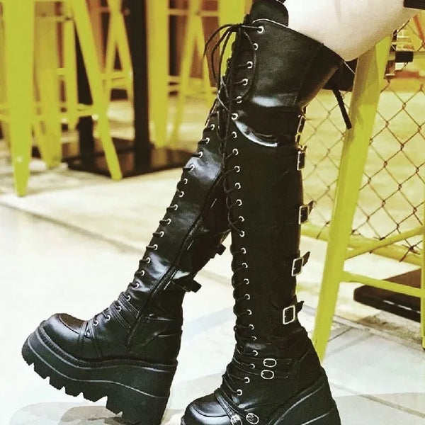 Trendy Black Thigh High Platform Wedges Boots