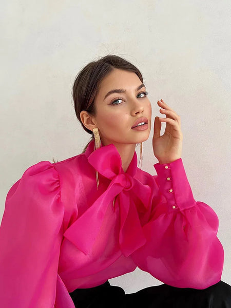 Trendy Puff Sleeve Lace Up Bowknot Collar Blouse