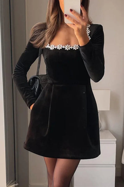 Trendy Velvet Square Beaded Collar Dress