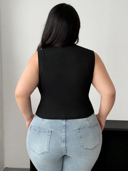 Trendy Plus Size Black Sleeveless Mesh Top