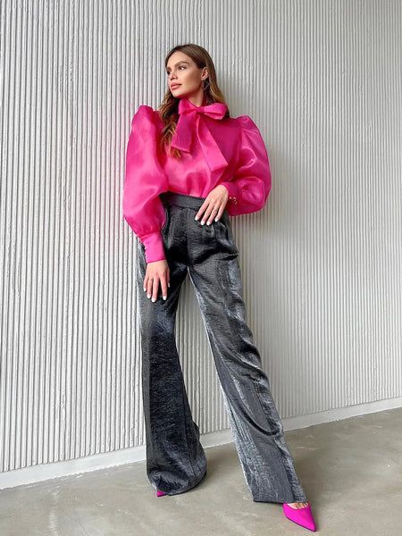 Trendy Puff Sleeve Lace Up Bowknot Collar Blouse