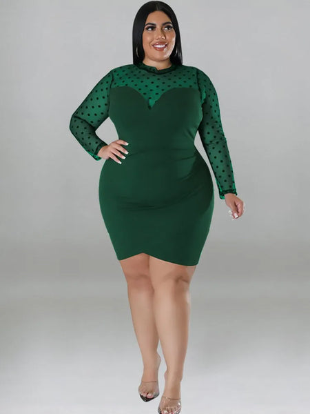 Trendy Plus Size Long Sleeve Polka Dot Mesh Dress