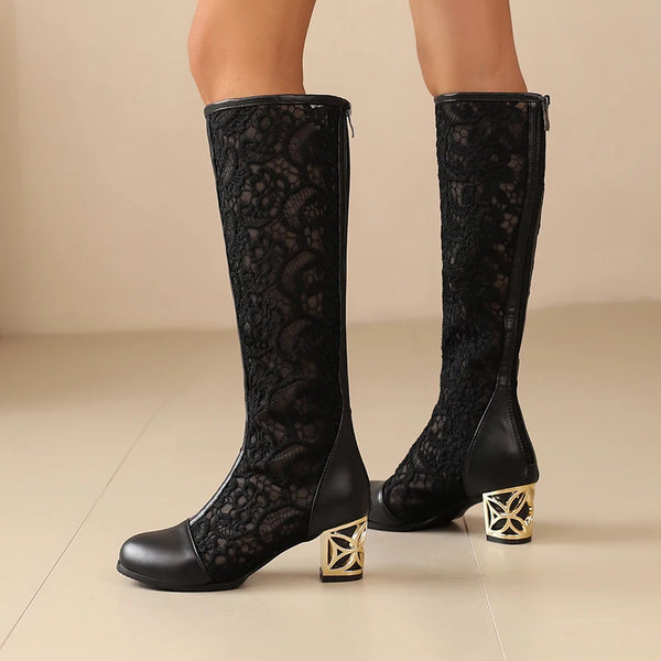 Trendy Lace Mesh Patchwork Knee Boots