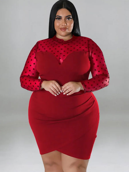 Trendy Plus Size Long Sleeve Polka Dot Mesh Dress