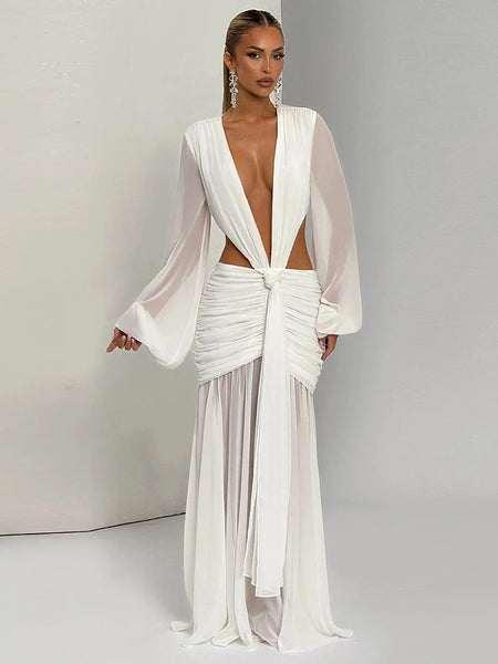 Trendy Hollow Out Mesh Sleeve Formal Dress