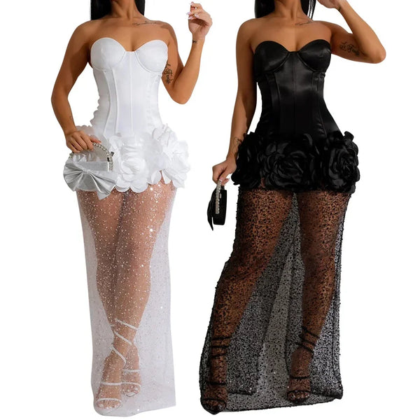 Trendy Long Mesh Bustier Corset Formal Maxi Dress