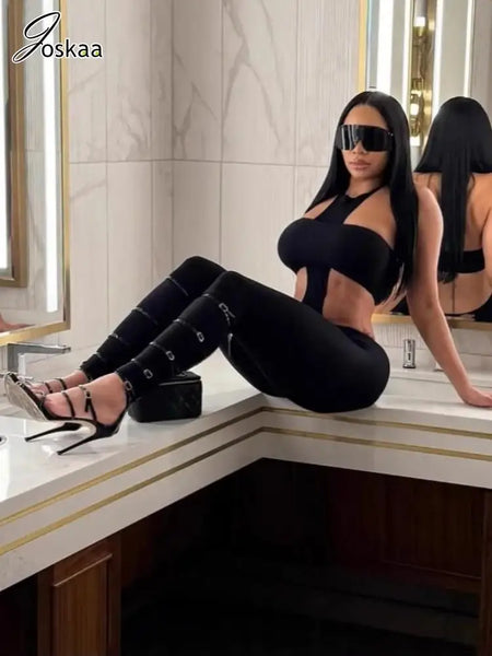 Trendy Hollow Out Cross Bodysuit Two Piece Pants Set