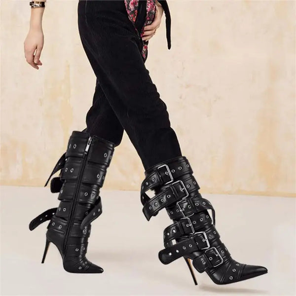 Trendy Pointed Toe Mid-Calf Buckle Strap Heel Boots