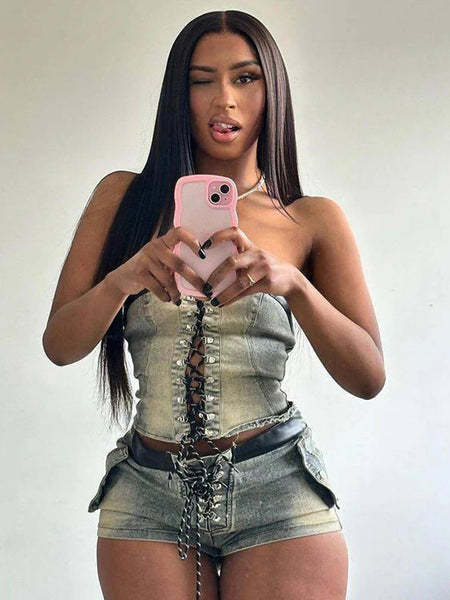 Trendy Denim Faux Leather Crop Top And Shorts Set