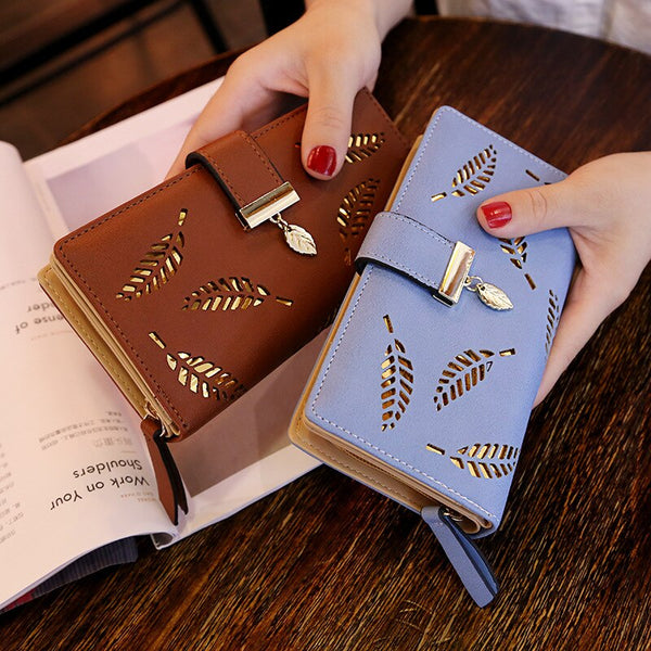 Women Wallet PU Leather Purse Female Long Wallet Gold Hollow Leaves Pouch Handbag For Women Coin Purse Card Holders Clutch