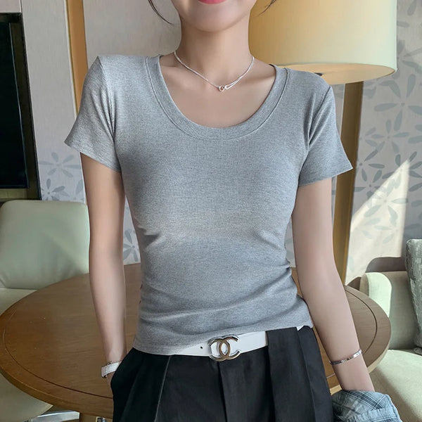 Trendy Threaded U Neck Short Sleeve Shirt