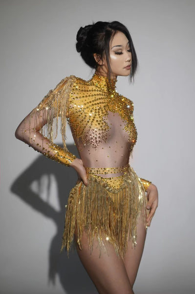 Trendy Sequins Tassel Bodysuit Party Dress