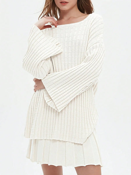 Trendy Pleated Long Sleeve Sweater Mini Skirt Set
