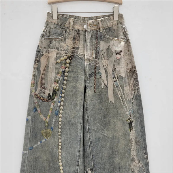Lace Pearl Chain 3D Printed Wide Leg Jeans, Women Loose Straight-leg Trousers, Fashion Street Wear