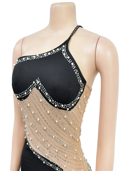 Trendy Mesh Pearls Rhinestone Party Dress