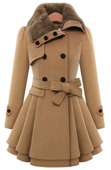 Trendy Woolen Fur Pleated Trench Coat