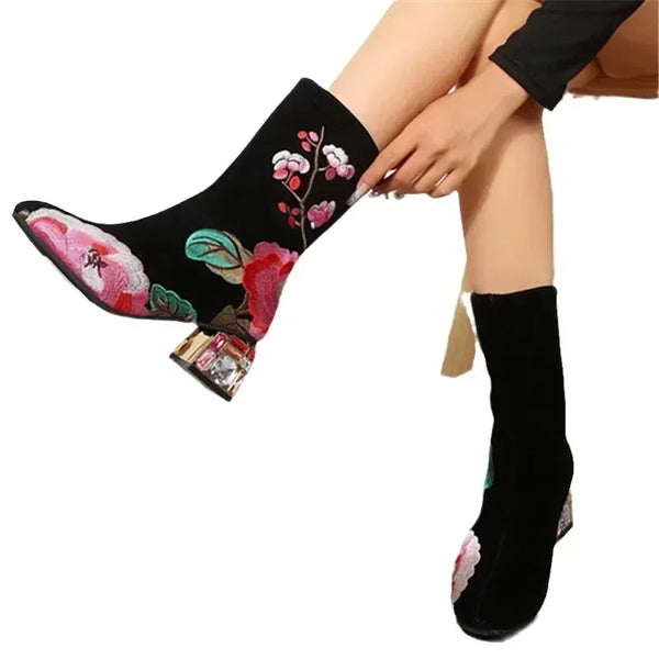 Trendy Floral Embroidered Glass Heel Boots