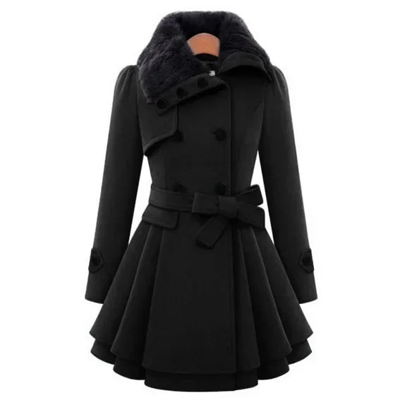 Trendy Woolen Fur Pleated Trench Coat