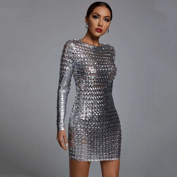 Trendy Hollow Out Silver Party Long Sleeve Mini Dress