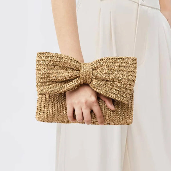 Trendy Straw Clutch Bow Purse