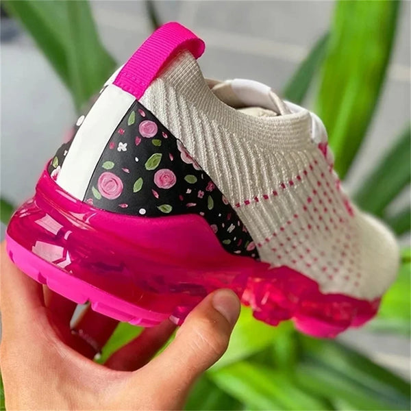 Trendy Knitted Fabric Floral Lace Up Running Sneakers