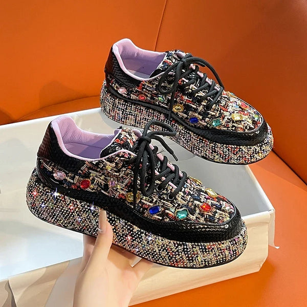Women's Bead Decoration Luxury Platform Sneakers Diamond Shining Crystal Sports Shoes Designer Shoes Trendy Casual Flat Shoes