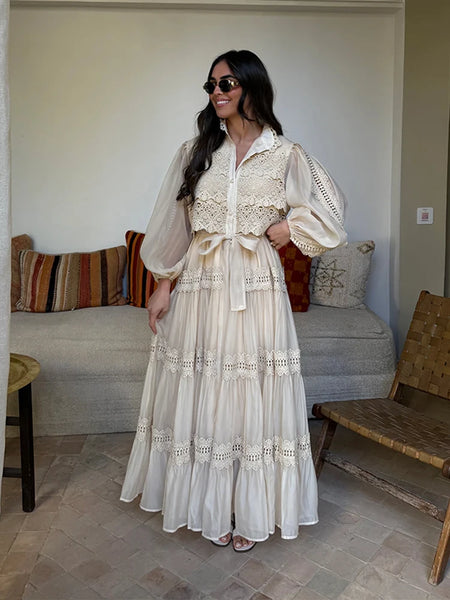 Trendy Lace Patchwork Puff Sleeve Bogemian Dress